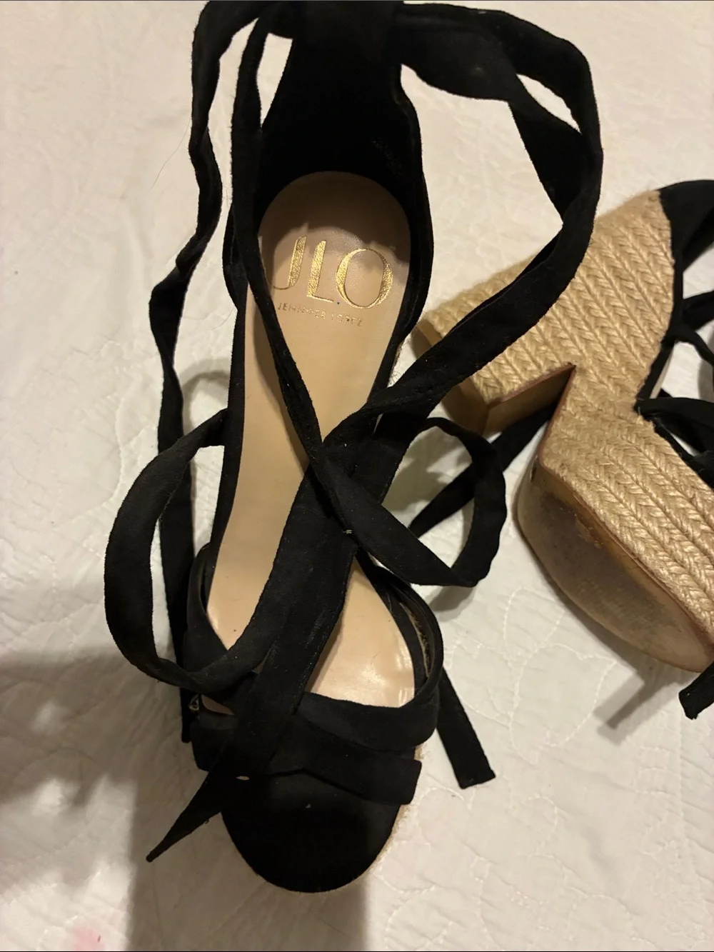 Jennifer Lopez Black Lace-Up Espadrille Platform Sandals
